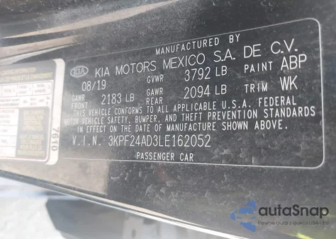 2020 Kia Forte Lxs from USA, damaged, VIN 3KPF24AD3LE162052